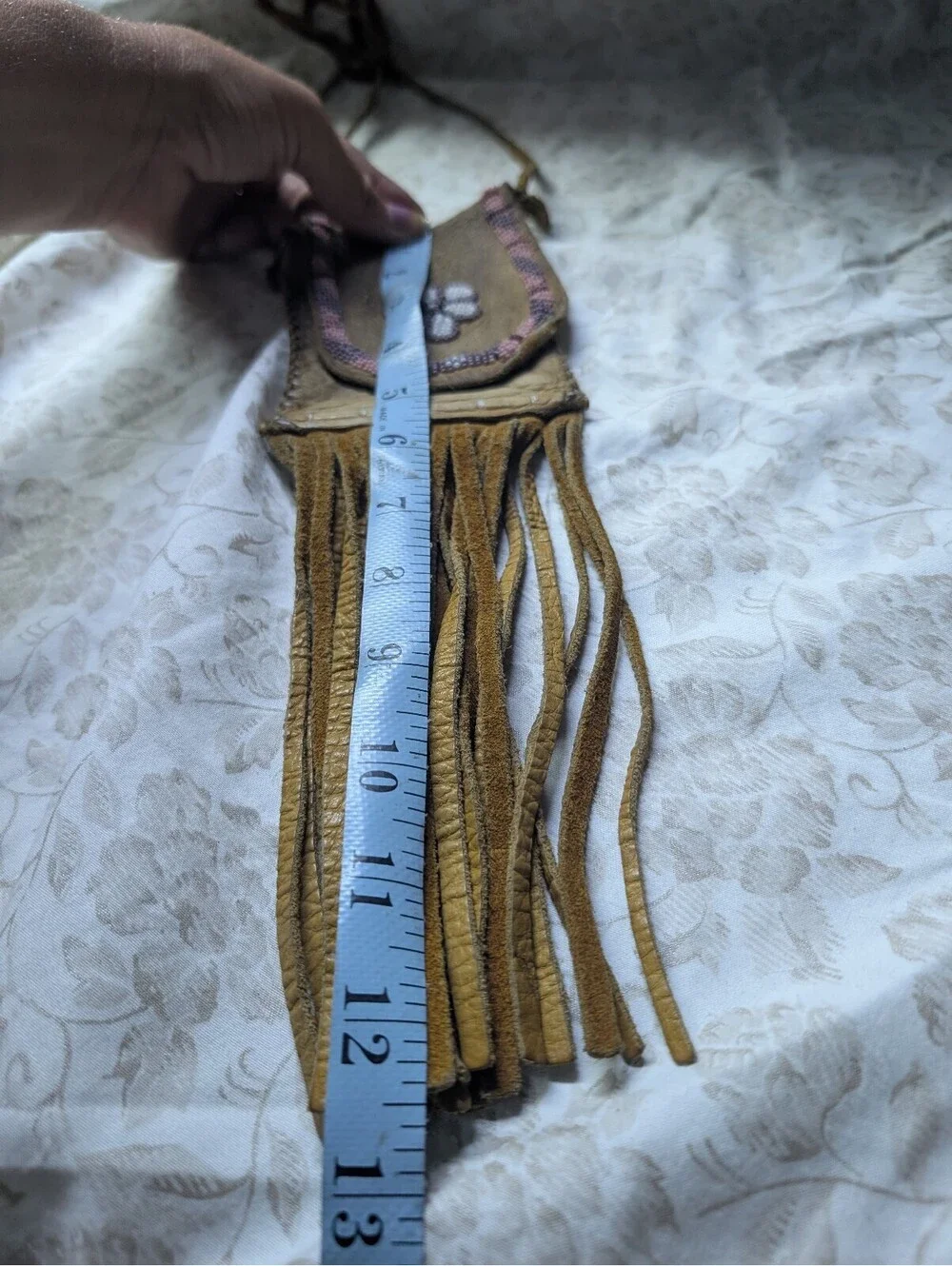 Vintage Handmade Leather Fringe Purse with Beaded Flower Design